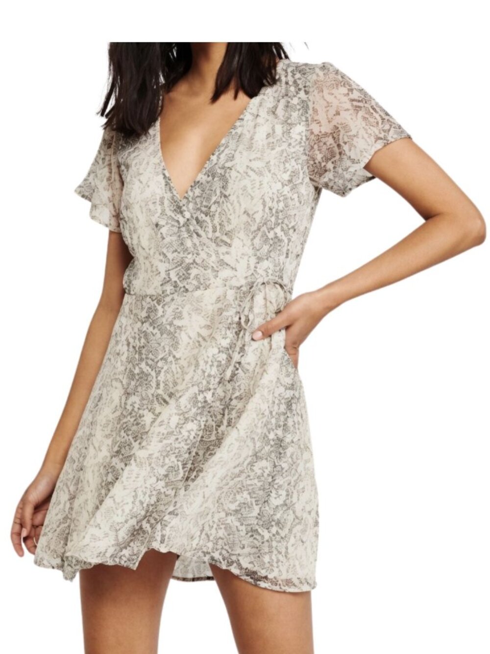 SOLD OUT & Fitch Snake Skin Wrap Mini Dress V-Neck Short Sleeve Tan Size XS - Picture 2 of 12